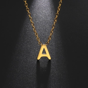 Polished gold titanium steel necklace with capital letter A pendant on a thin link chain