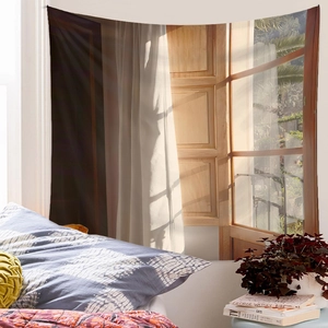 Detailed bedroom scene featuring a soft sunlight window shadow wall tapestry decoration