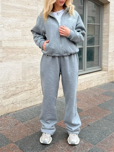 Retro grey American sportswear tracksuit with zip-up hoodie and Brooklyn letter print