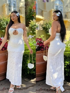 Elegant white lace strapless maxi dress with cutout metal buckle detail for summer