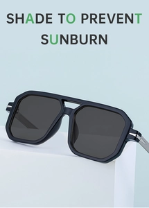 Polarized square frame sunglasses for men displayed on a minimalist geometric pedestal