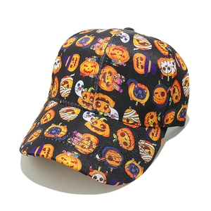 Halloween baseball cap featuring pumpkin and ghost patterns on black fabric