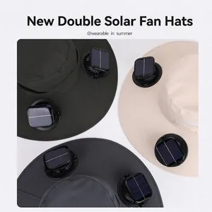 Solar powered dual fan sun hat with wide brim for outdoor hiking and fishing