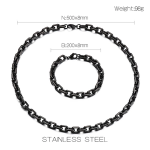 Detail view of black stainless steel chain necklace and bracelet set with dimensions