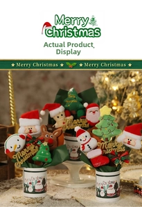 Christmas plush dolls set with Santa and snowman figurines in a festive bucket