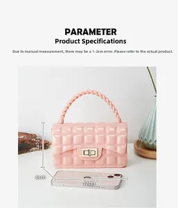 Pink quilted PVC jelly bag detail showing 17cm length and gold hardware lock