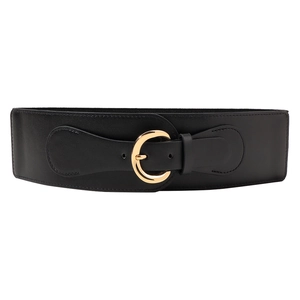 Minimalist wide black elastic corset belt with a polished golden C-shape buckle for dresses