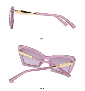 Side and back view of purple cat eye sunglasses with golden metal temples detail