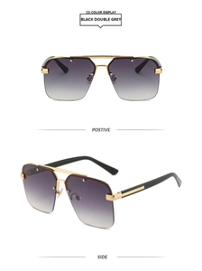 Detail view of semi-rimless sunglasses with black gradient lenses and metal frame