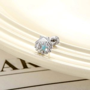 Silver shell cartilage stud earring with blue starfish and micro-set zircon accents