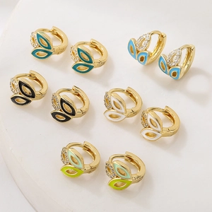 Copper Huggie Hoop Earrings 18K Gold Plated Colorful Enamel Leaf Rabbit Ear Geometric Zircon Jewelry INS Style Women