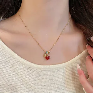 Red Heart Pendant Necklace 18K Gold Plated Copper With Mother Of Artificial Pearl Zircon Colorful Beads Dainty Clavicle Chain Women