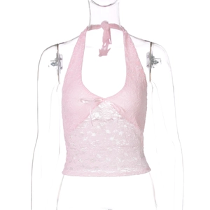 Close-up of pink lace texture and V-neck tie detail on women's sweet camisole top