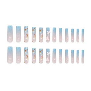 Blue and pink gradient press-on nails with 3D flower and goldfish patterns