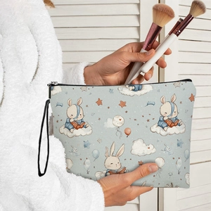 Cartoon Rabbit Reading Print Makeup Bag Linen Portable Cosmetic Pouch With Wristlet Zipper Closure For Women Girls