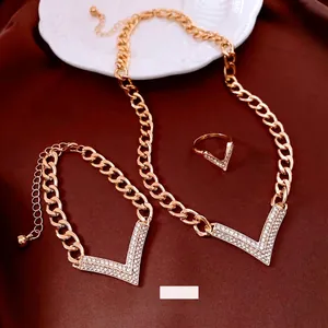 Vintage Necklace Bracelet And Adjustable Ring Jewelry Collection Rhinestone Pave V Shape Alloy Cuban Chain For Women