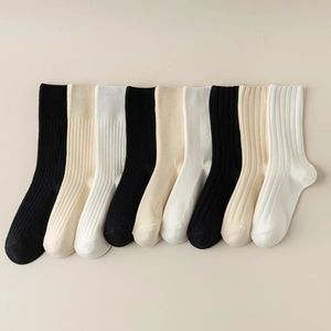 Chaussettes Mi-Mollet Femmes Côtelées Rayures Verticales Mélange Coton Doux Respirant Style Coréen Décontracté Couleur Unie Élastique