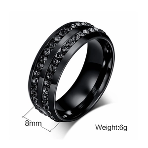 Detail view of 8mm black titanium steel ring with double rows of black cubic zirconia stones