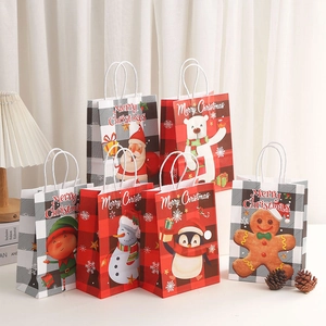 Christmas Kraft Paper Gift Bags With Handles Printed Cartoon Characters Plaid Holiday Party Favor Packaging Handbags
