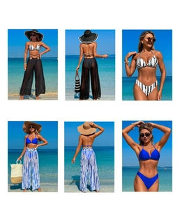Three-piece bikini set with sheer wide-leg pants in black tie-dye and royal blue