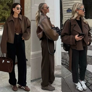 Women's autumn wool blend zip jacket in brown, styled with loose trousers and sneakers