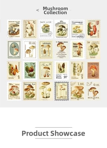 Collection of 24 vintage mushroom stamp stickers with botanical scientific illustrations