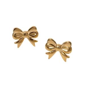 Minimalist 18k gold plated stainless steel bow stud earrings on white background