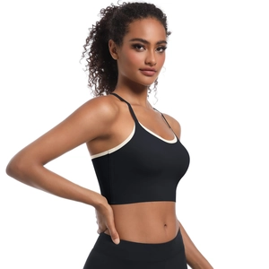Detailed view of sports bra featuring contrast piping and slim straps on a black base