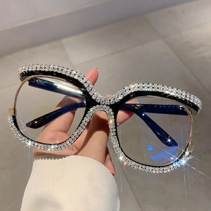 Fashion oversized owl-style spectacles with double-row rhinestones and black frame