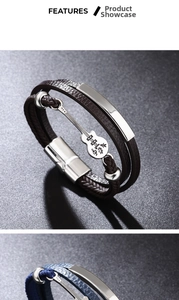Detail view of multi-layer leather bracelet with guitar charm and magnetic clasp