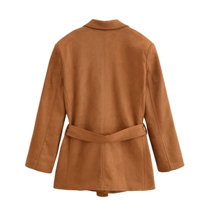 Blazer da donna in finta pelle scamosciata marrone caramello con cintura coordinata