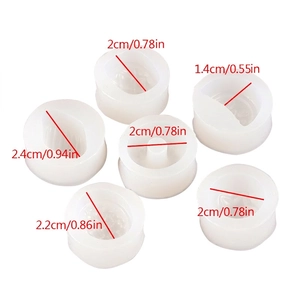 Detailed view of six DIY silicone resin molds with diameter measurements and textures