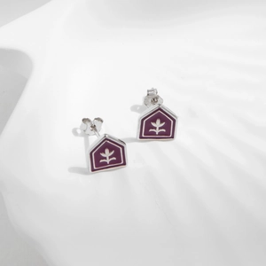 925 silver tulip badge stud earrings with purple enamel in retro vintage style