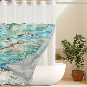 Detail view of the waterproof polyester shower curtain with seagull and coral ocean pattern
