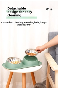 Detail view showing detachable stainless steel bowls on a green tilted pet feeding stand