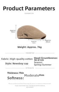 Size guide for summer mesh newsboy cap showing dimensions and cotton fabric details