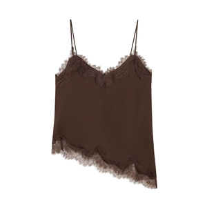 Deep brown satin camisole top with eyelash lace trim and asymmetric hem in a flat lay