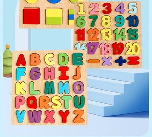 Detailed set of wooden puzzles featuring alphabet, numbers, and geometric shapes for kids