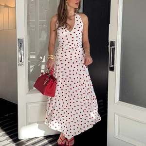 Polka Dot Halter Maxi Dress Polyester Milk Satin V-Neck Backless High Waist Elegant Summer Vacation Street Style Women