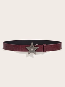 Burgundy crocodile pattern leather belt featuring an ornate vintage silver star buckle
