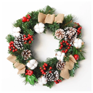 Detailed Christmas wreath with pine needles, cotton balls, pine cones and burlap bows