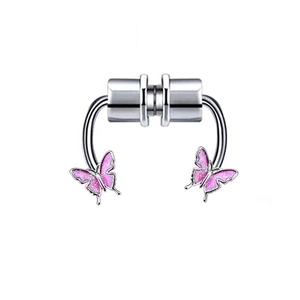 Detail of silver magnetic nose ring with purple glitter butterfly design and horseshoe clip