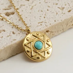 Stainless Steel Round Pendant Necklace 18K Gold Plated Turquoise Hexagram Disc Vintage Bohemian Jewelry For Women