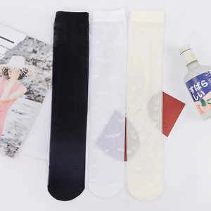 Detailed view of three pairs of sheer knee-high socks with heart jacquard patterns