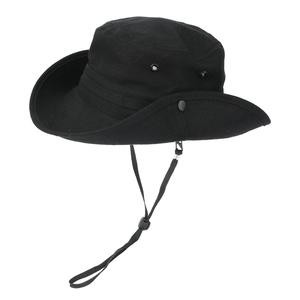 Detail of black outdoor sun hat with metal air holes and adjustable chin strap