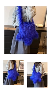 Collage showing front, side, and back views of a blue fuzzy faux fur crossbody bag