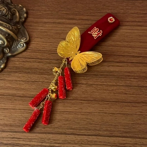 Detailed shot of velvet butterfly hair clip with golden tassel and festive charm