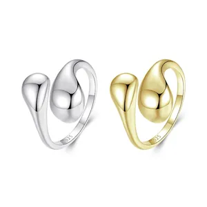 925 Sterling Silver Open Ring For Women Minimalist Double Water Drop Teardrop Shape Adjustable Polished Geometric Jewelry