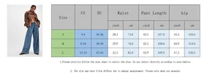 Detailed size chart for wide-leg denim jeans with measurements in centimeters and inches