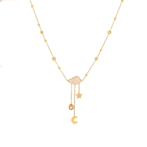 Golden cloud pendant necklace with tassel star, moon and pink gemstone charms